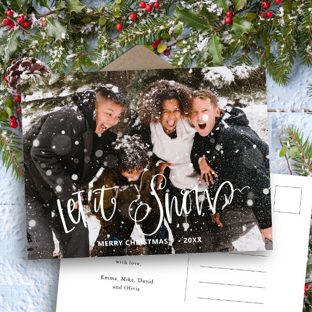 Modern White Bold Fun Script Let It Snow Photo Postcard (Creator Uploaded)
