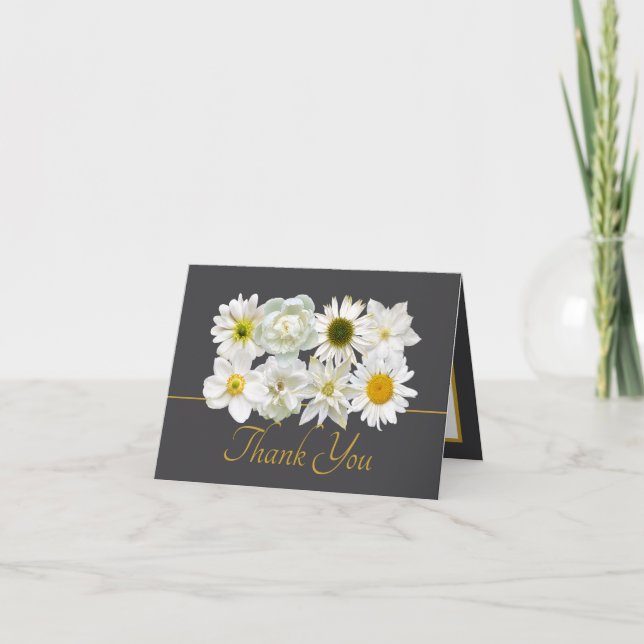 Modern White Botanical Flowers Elegant Thank You Card (Front)