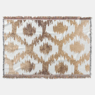 Modern white brass gold ikat pattern throw blanket