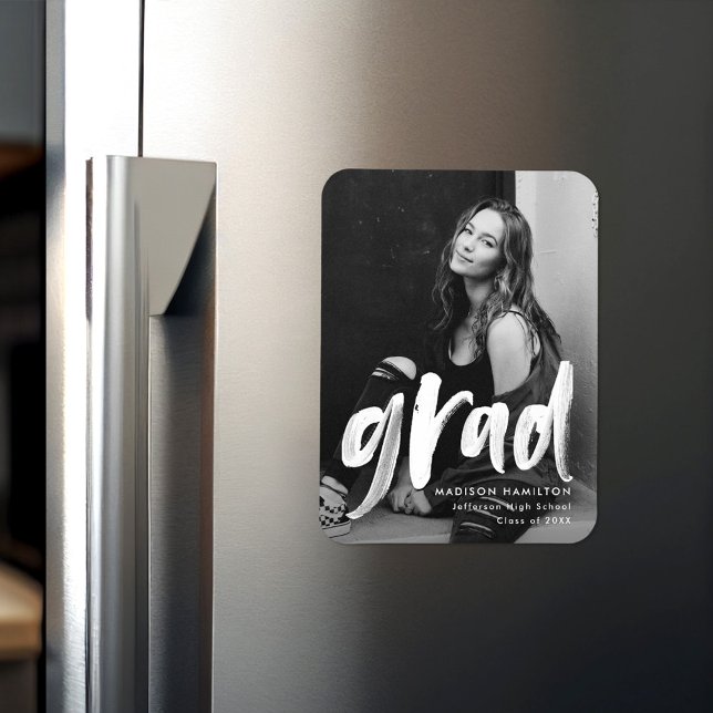 Modern White Brush Script Grad Photo Graduation Magnet (Creator Uploaded)