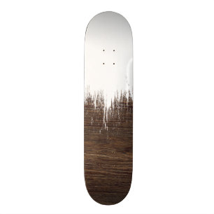 Modern white brush strokes paint rustic brown wood skateboard