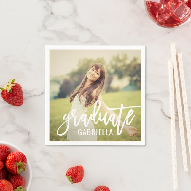 Modern White Brushed Script Graduate Photo Napkin (Insitu)