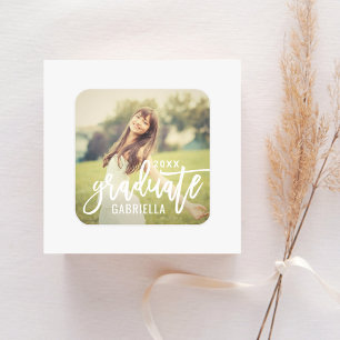 Modern White Brushed Script Graduate Photo Square Sticker