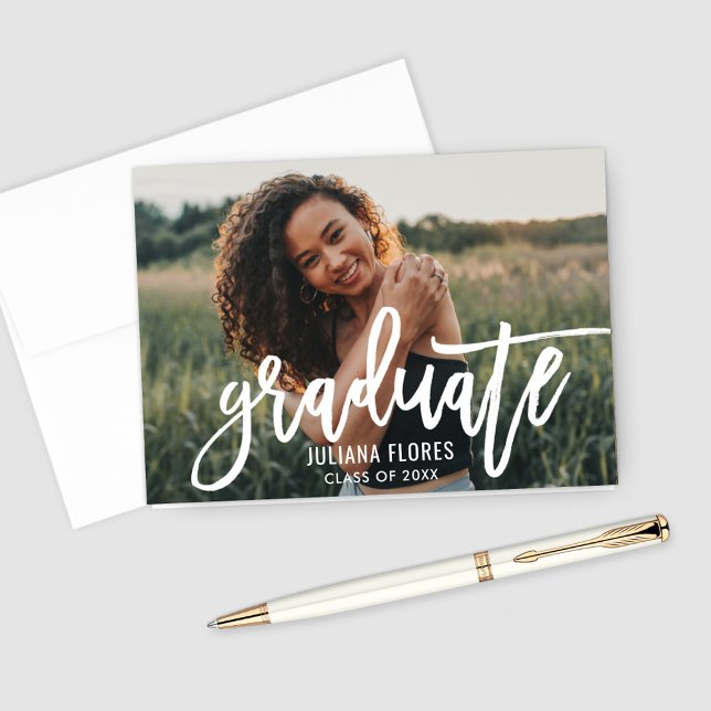Modern White Brushed Script Graduation Photo Thank You Card (Creator Uploaded)