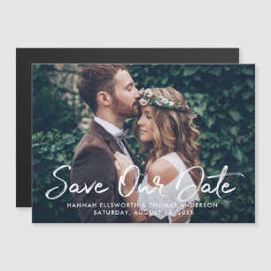 Modern White Brushed Script Photo Save Our Date