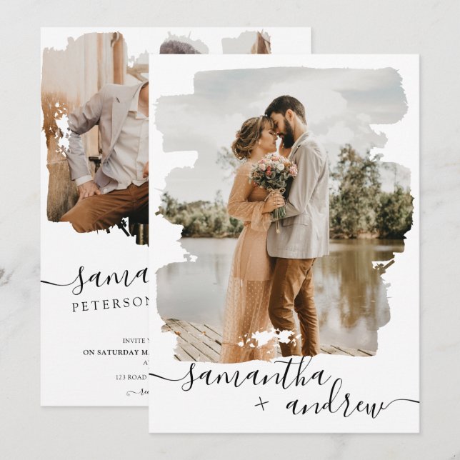 Modern white brushstroke script 2 photos wedding invitation (Front/Back)