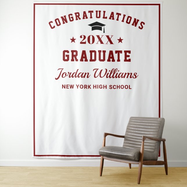 Modern White Burgundy Graduation Photo Backdrop Tapestry (In Situ)