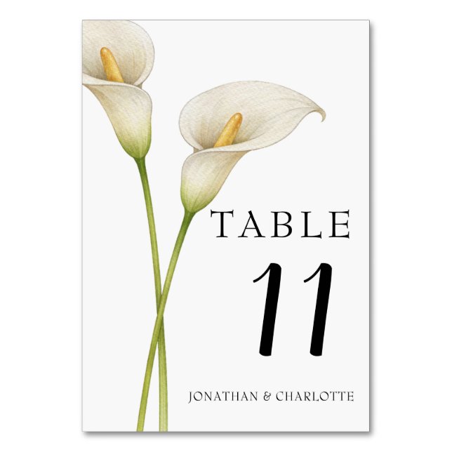 Modern White Calla Lilie Flower Wedding Table Number (Front)