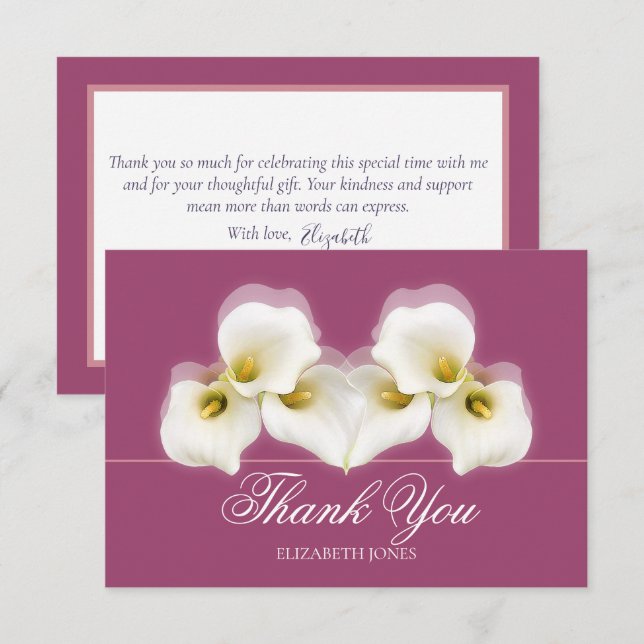 Modern White Calla Lilies Bridal Shower Thank You Card (Front/Back)