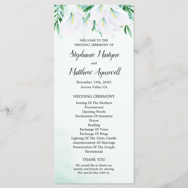 Modern White Calla Lily Floral Wedding Ceremony Programme (Front)