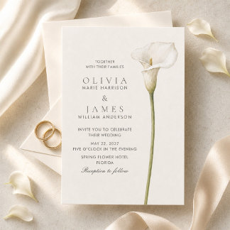 Modern White Calla Lily Minimalist Wedding  Invitation