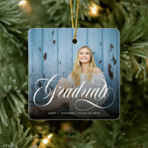 Modern White Calligraphy Photo Graduation Ceramic Ornament