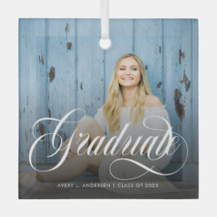 Modern White Calligraphy Photo Graduation Glass Tree Decoration