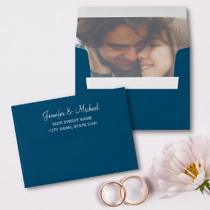 modern white calligraphy photo wedding blue envelope