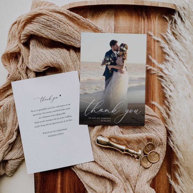 modern white calligraphy photo wedding thank you card (Creator Uploaded)