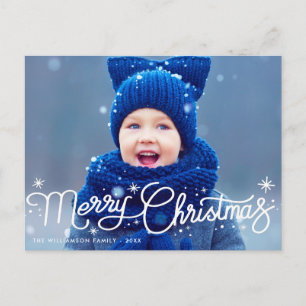 Modern white christmas blue typography postcard
