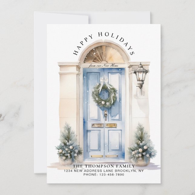 Modern White Christmas Door New Home Moving Holiday Card (Front)