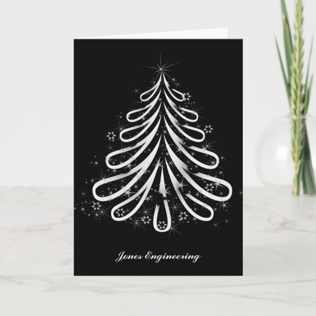 Modern White Christmas Tree Graphic on Black Holiday Card (Front)