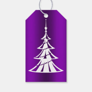 Modern White Christmas Tree on Purple Gift Tags