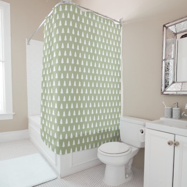 Modern White Christmas Tree Pattern Green Shower Curtain (In Situ)