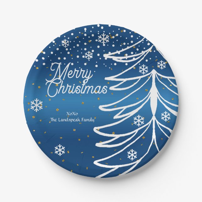 Modern White Christmas Tree & Snowflakes Paper Plate (Front)