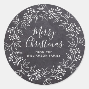 Modern White Christmas Wreath Black Chalkboard Classic Round Sticker