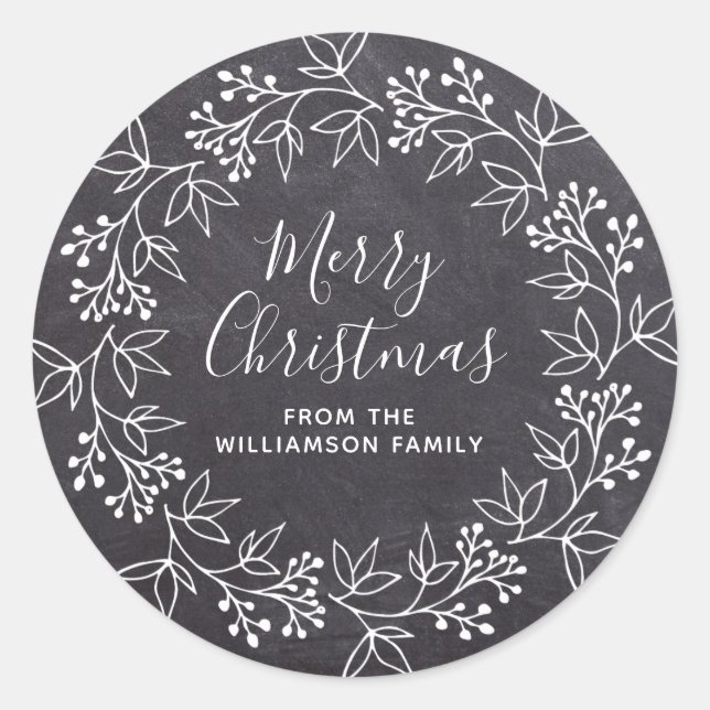 Modern White Christmas Wreath Black Chalkboard Classic Round Sticker (Front)