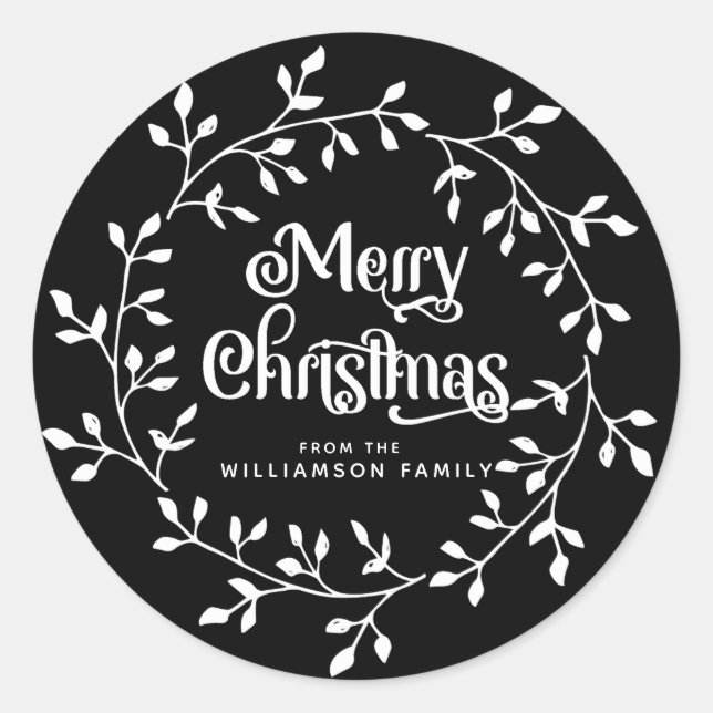 Modern White Christmas Wreath Black Envelope Seal (Front)