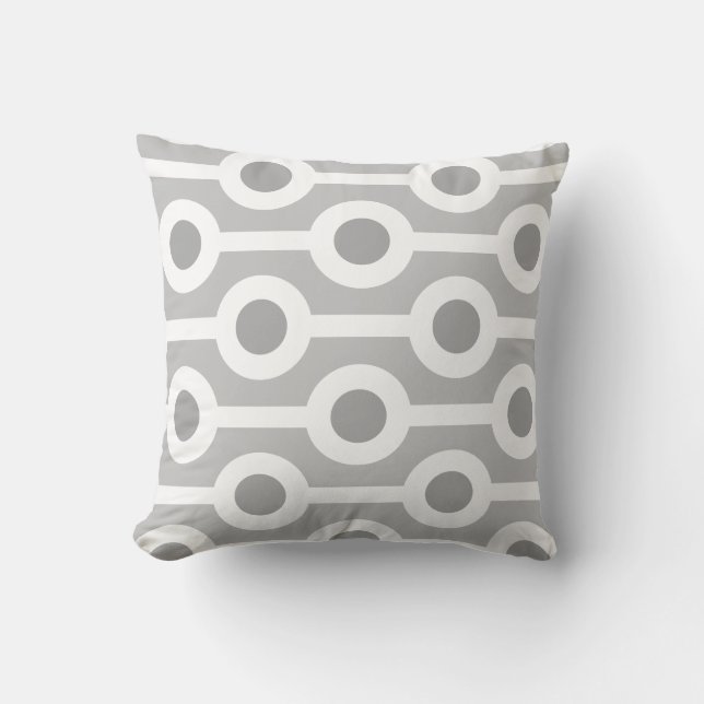 Modern White Circles and Stripes on Light Grey Cushion (Front)