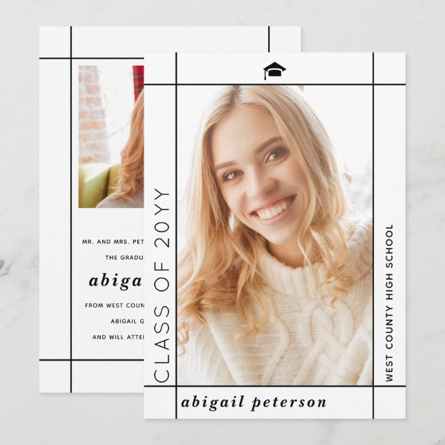 Modern white Class of 2025 graduation photo Announcement (Front/Back)