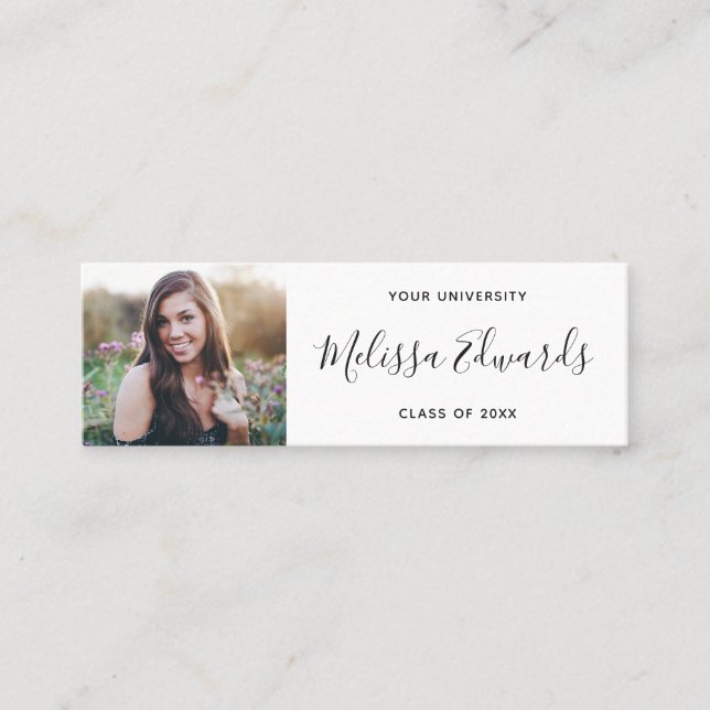 Modern white class of graduation photo name card (Front)