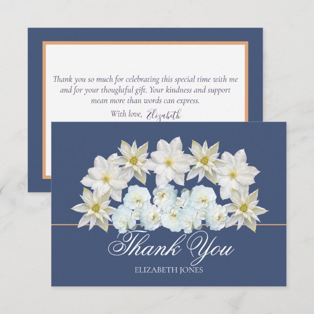 Modern White Clematis Rose Bridal Shower Thank You Card (Front/Back)