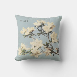Modern White Cream Azalea Flowers Monogram Cushion