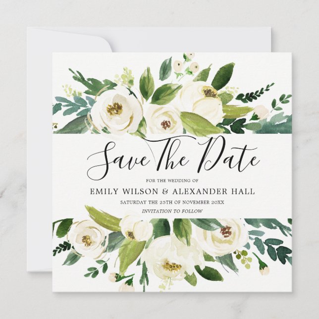 Modern White Cream Champagne Floral Wedding Save The Date (Front)