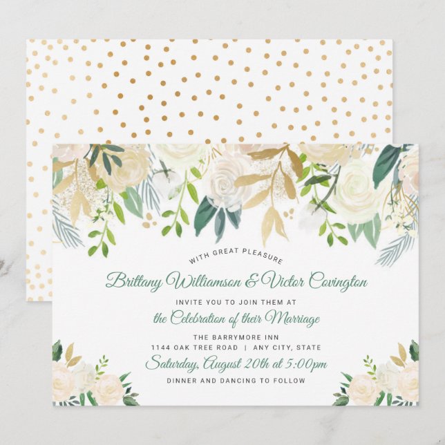 Modern White Cream Floral Greenery Wedding Invitation (Front/Back)