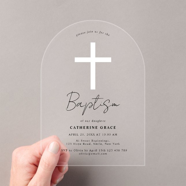 Modern White Cross Baptism & Christening Acrylic Invitations (Insitu (Handheld))