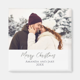 Modern White Custom Merry Christmas Photo Magnet
