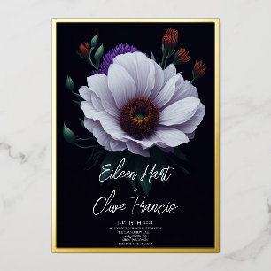 Modern White Daisy Dark Winter Gold Border Wedding