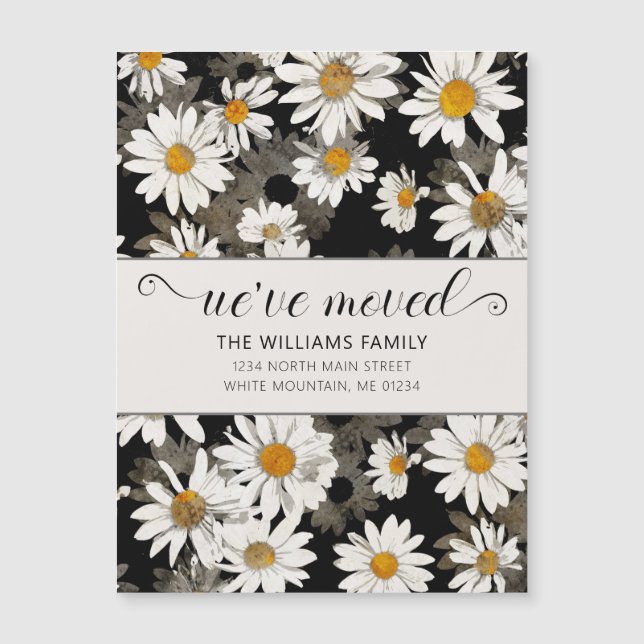 Modern White Daisy in Black Floral Moving Card (Front)
