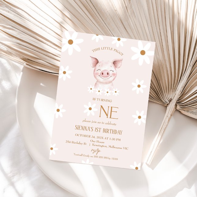 Modern White Daisy Little Piggy 1st Birthday  Invitation (Little Piggy 1st Birthday Invitation Girl Modern White Daisy Retro Our Little Piggy First Birthday)