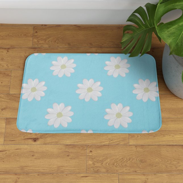 Modern White Daisy Pattern Aqua Blue Bath Mat (A pretty daisy pattern aqua blue bath mat)