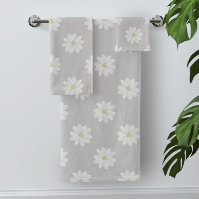 Modern White Daisy Pattern Silver Grey Bath Towels (A pretty daisy pattern soft gray towels. Check out the collection for coordinating products)
