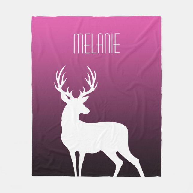 Modern White Deer Silhouette Pink Gradient & Name Fleece Blanket (Front)