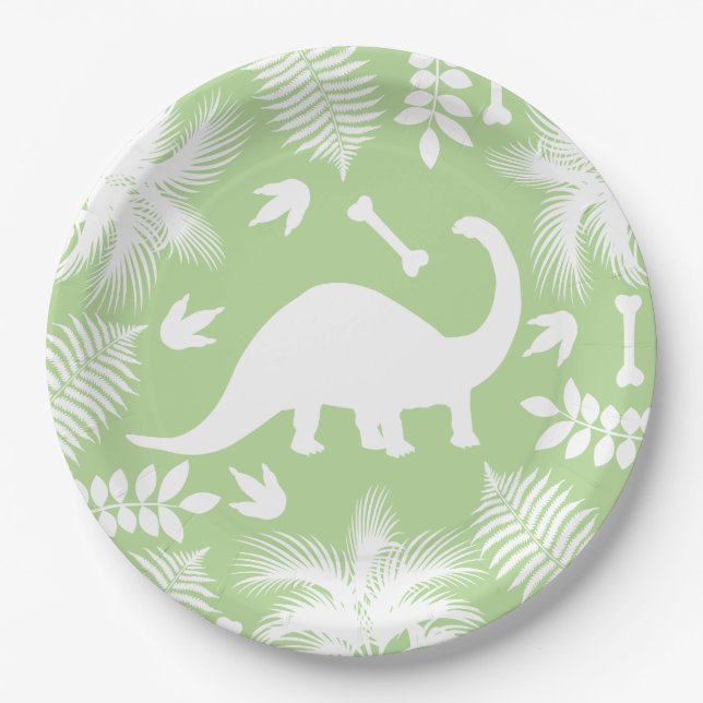 Modern White Dinosaur Bronto Silhouette & Foliage Paper Plate (Front)