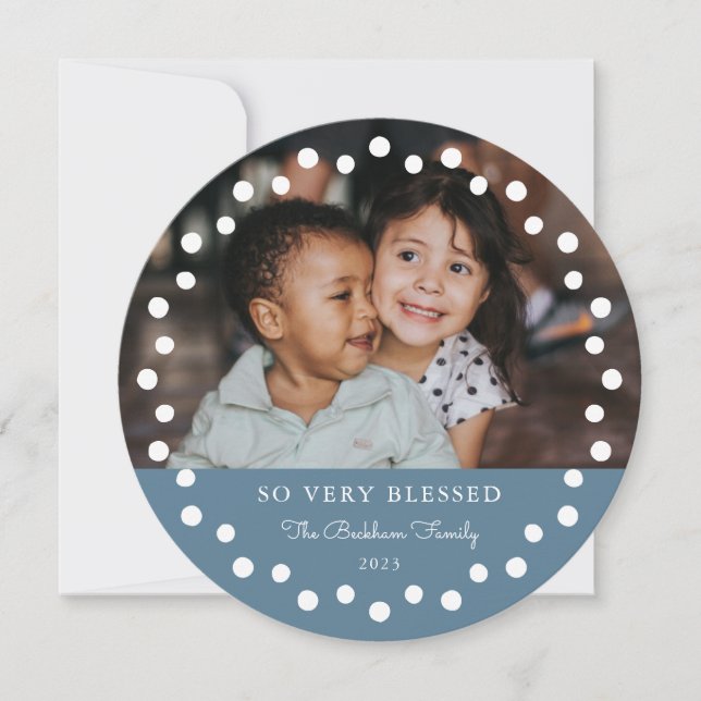 Modern White Dots Frame Photo Ornament Dusty Holiday Card (Front)