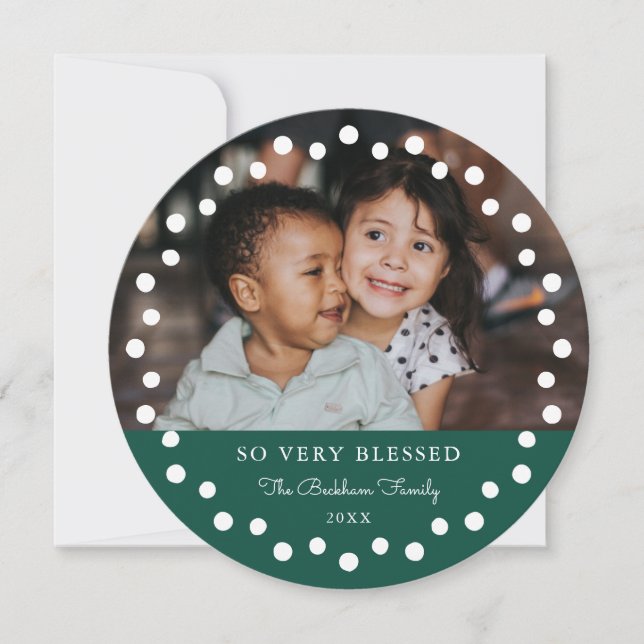 Modern White Dots Frame Photo Ornament Green Holiday Card (Front)