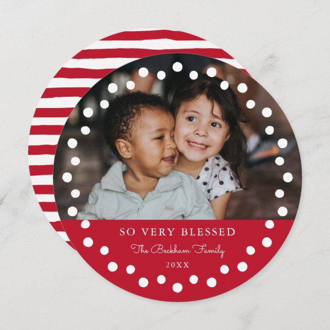 Modern White Dots Frame Photo Ornament Red Holiday Card (Front/Back)