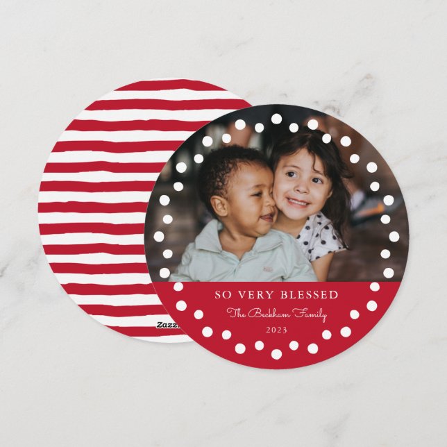 Modern White Dots Frame Photo Ornament Red Holiday Card (Front/Back)