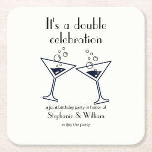 Modern White Double Celebration Joint Birthday Square Paper Coaster