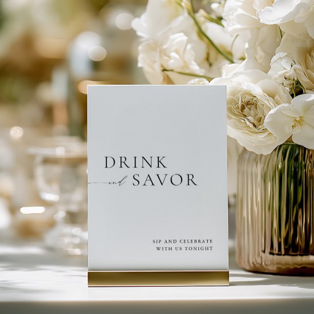 Modern White Drink & Savour Wedding Bar Sign Invitation (Modern White Drink & Savor Wedding Bar Sign)